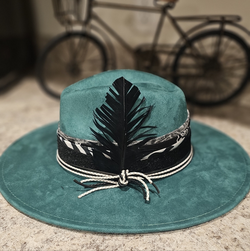 Green Suede Fedora Hat with Feather Trim